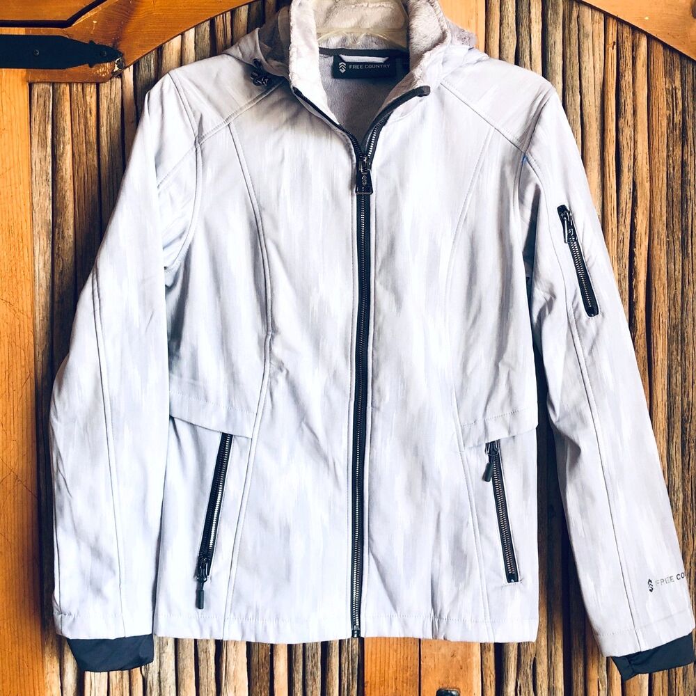 Free Country Aeris Super Softshell Jacket Silver Silk Hood Water Resist Size S